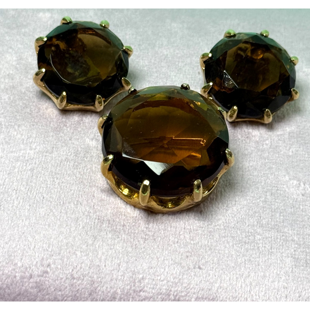 Vintage MCM Oversized Crown Prong Set Smoky Topaz Rootbeer Glass Brooch Earrings - Picture 2 of 7